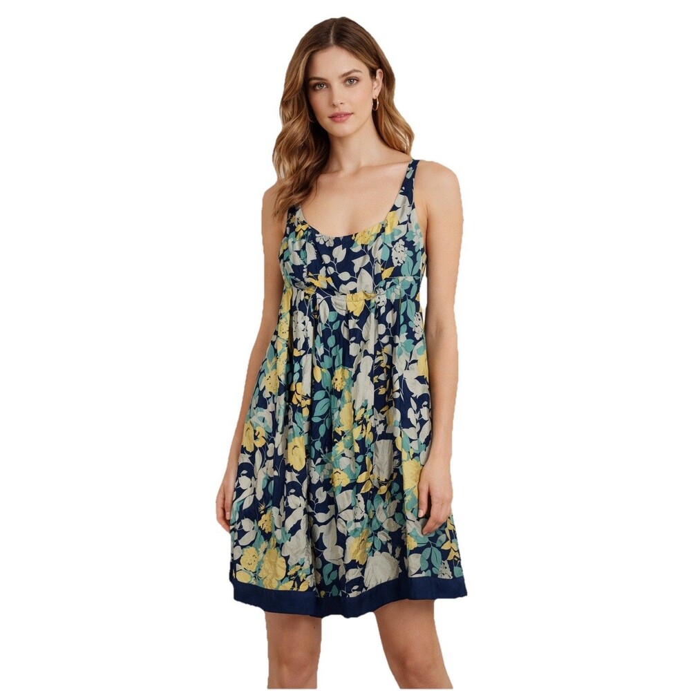 BCBG Paris Dress Floral Sleeveless Pleated Skirt Square Neck Silk Blue/Yellow 2